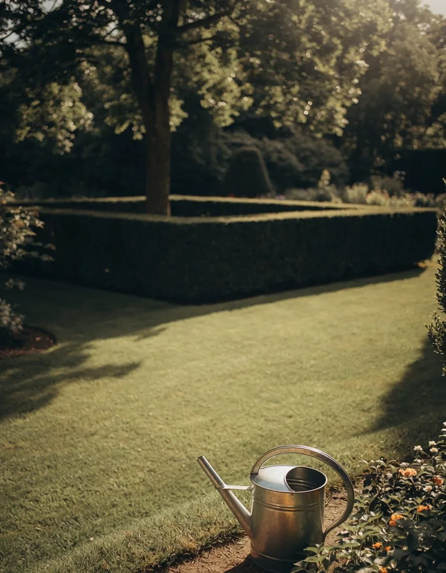 Pelouse d’été, haie taillée au carré